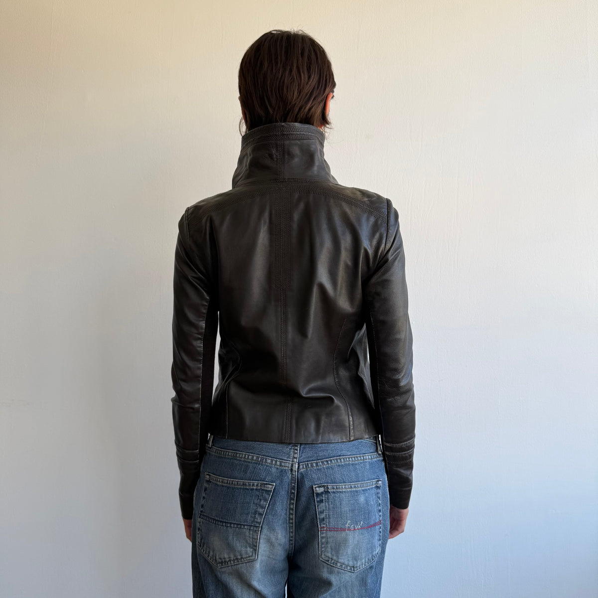 Brown leather funnel neck jacket - Size S