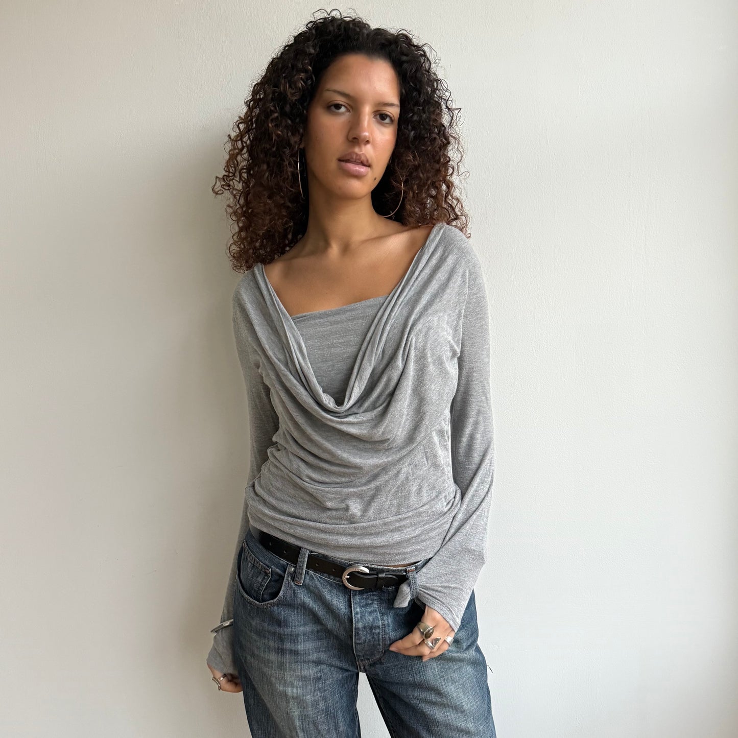 Grey long sleeve slouchy cowl top - Size M