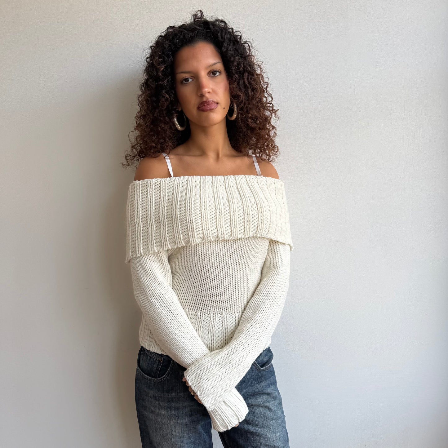 Cream knit Bardot jumper - Size M
