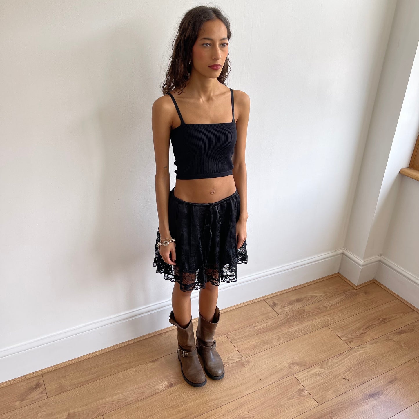 Black satin lace mini skirt - Size S