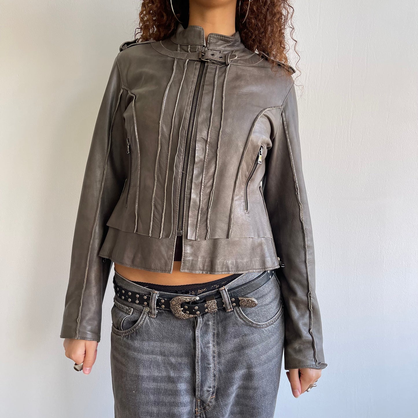 Grey leather moto jacket - Size S