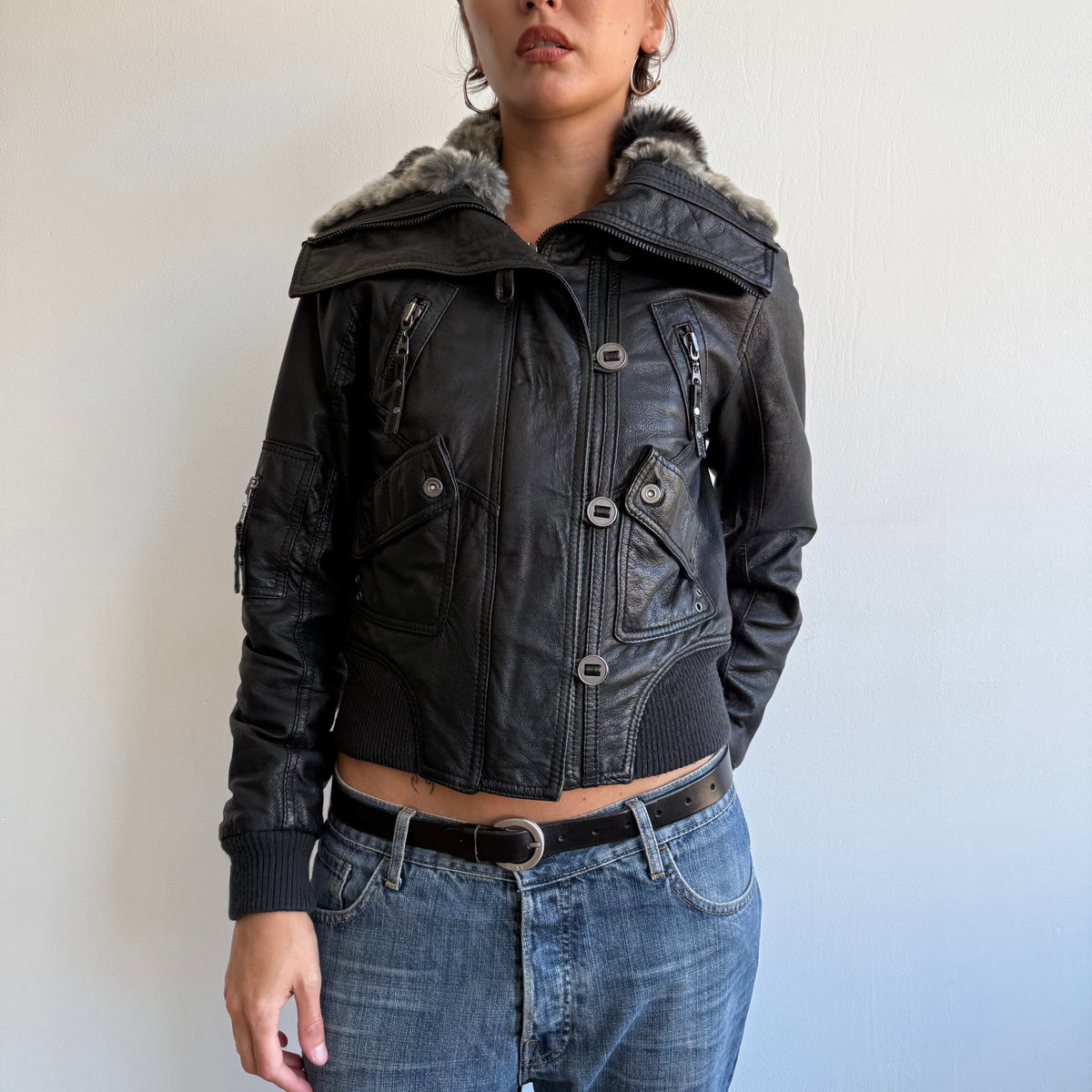 Black leather fur collar bomber - Size S/M