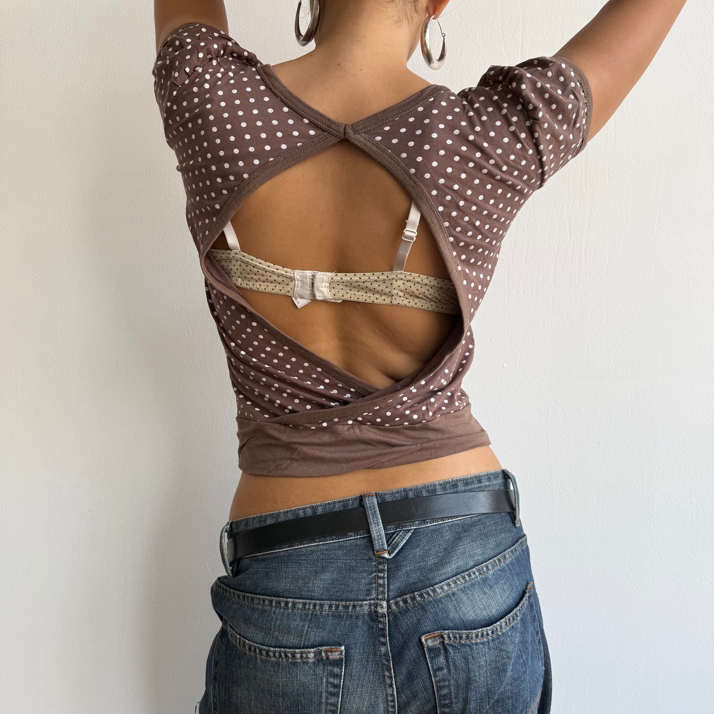 Brown polka dot keyhole top - Size S