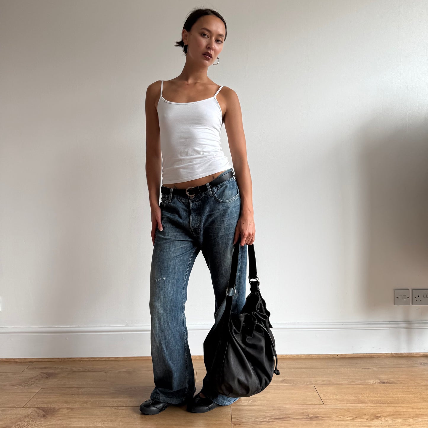Black leather slouchy handbag - One Size