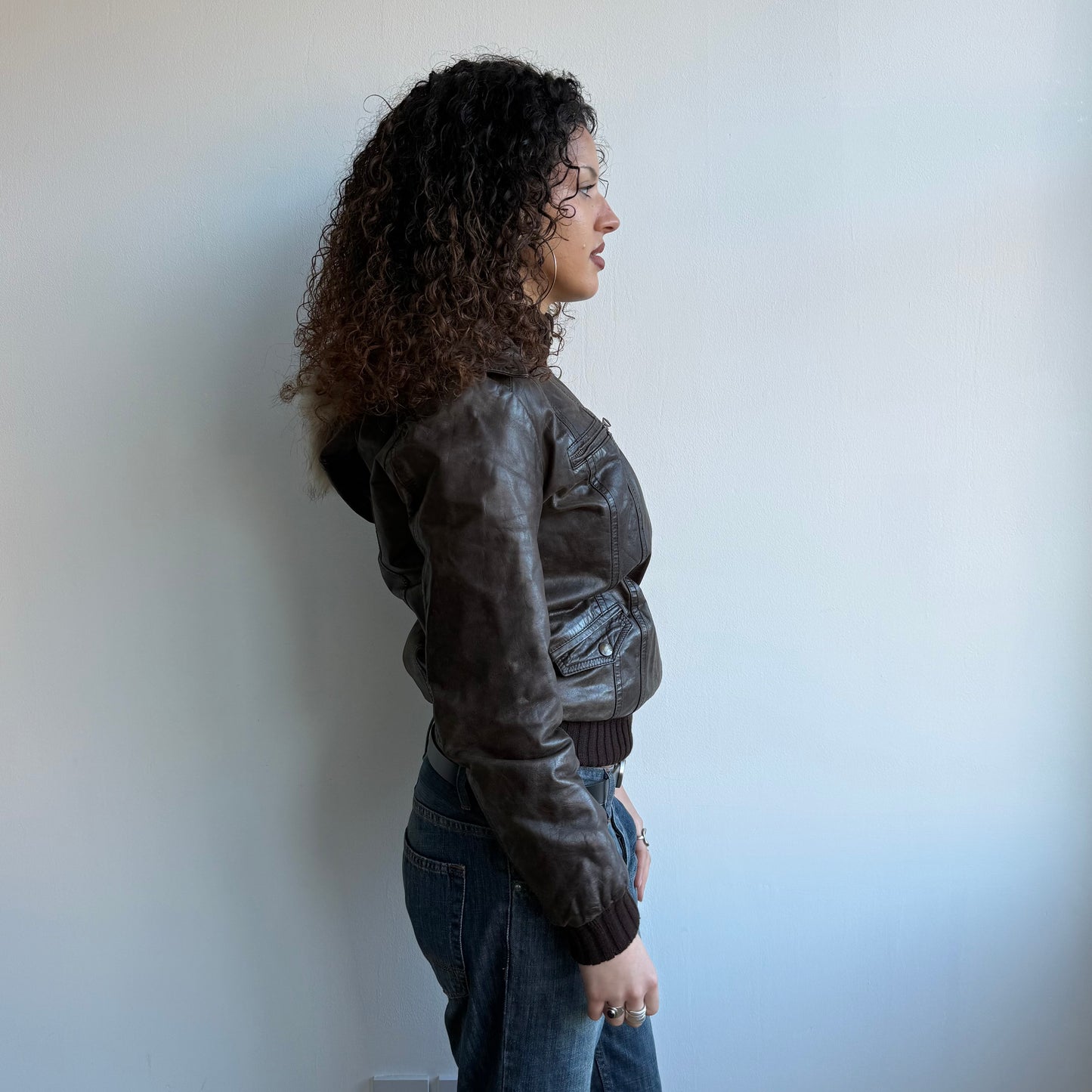 Brown leather fur hood jacket - Size M