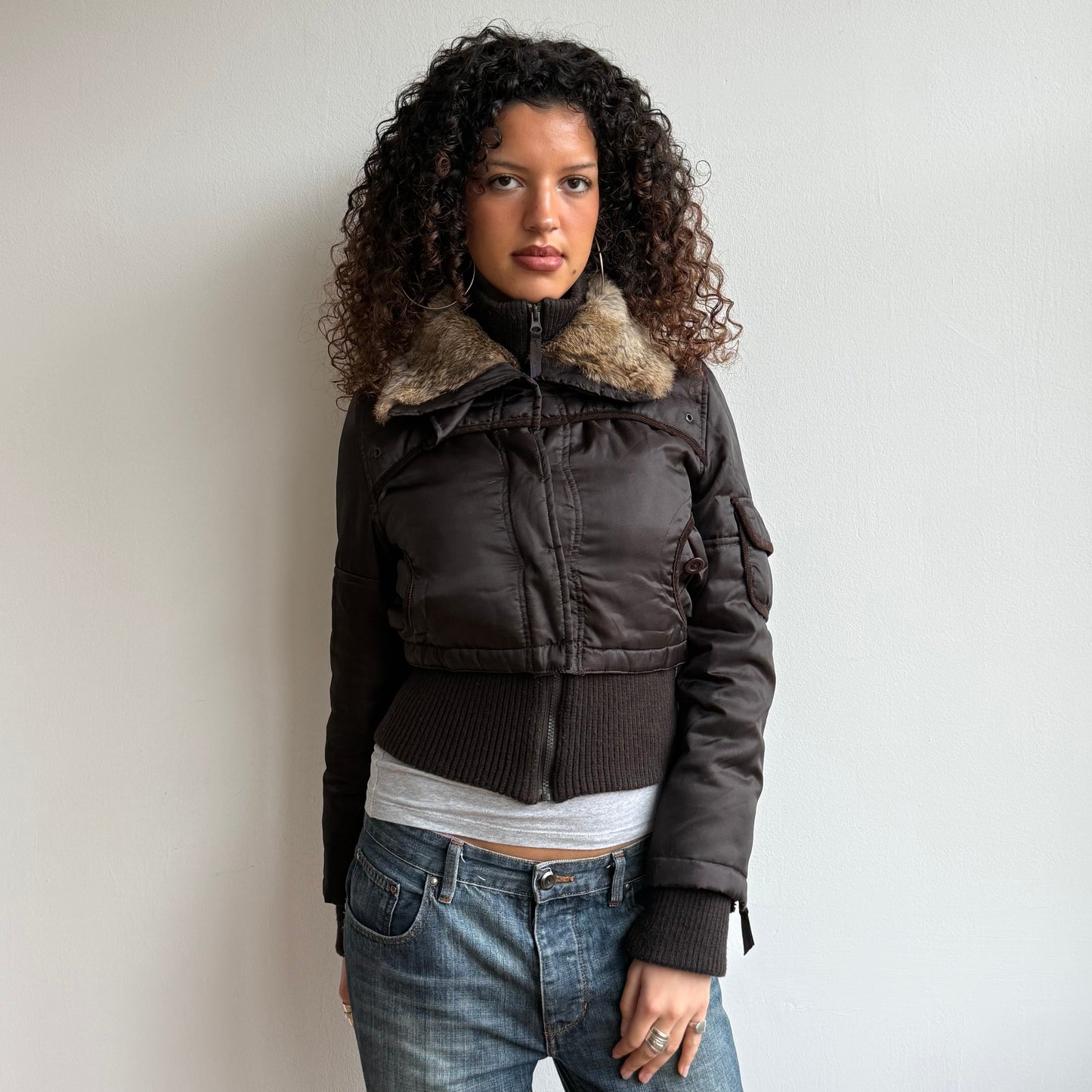 Brown fur collar puffer jacket - Size S