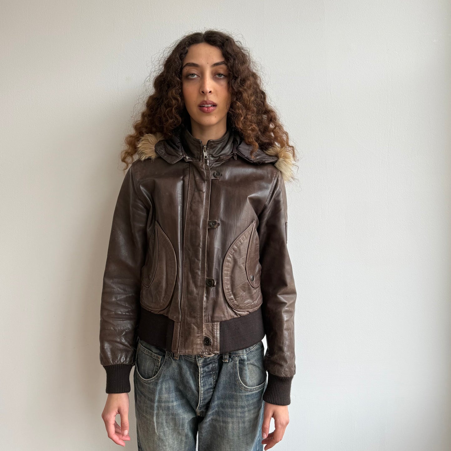 Brown leather fur hood bomber - Size M