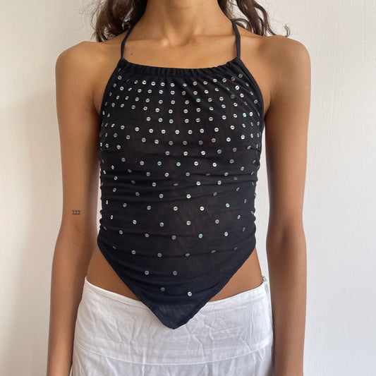 Black mesh sequin halter-neck - Size XS
