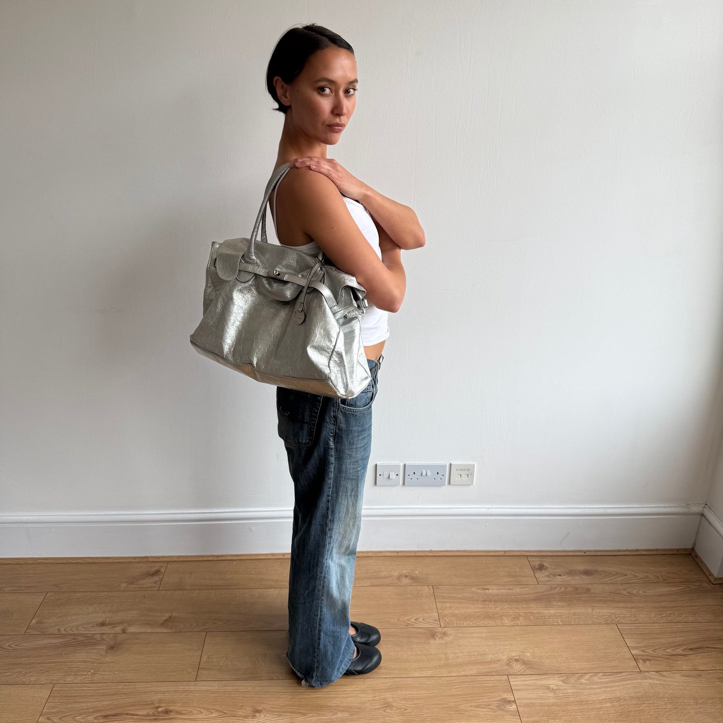Silver leather ‘firkin’ bag - One Size