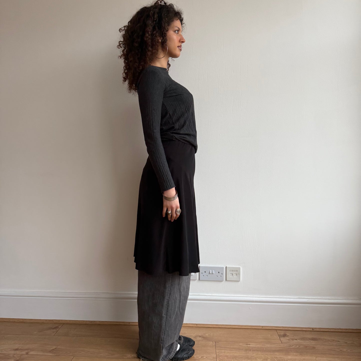 Black silk midi skirt - Size S