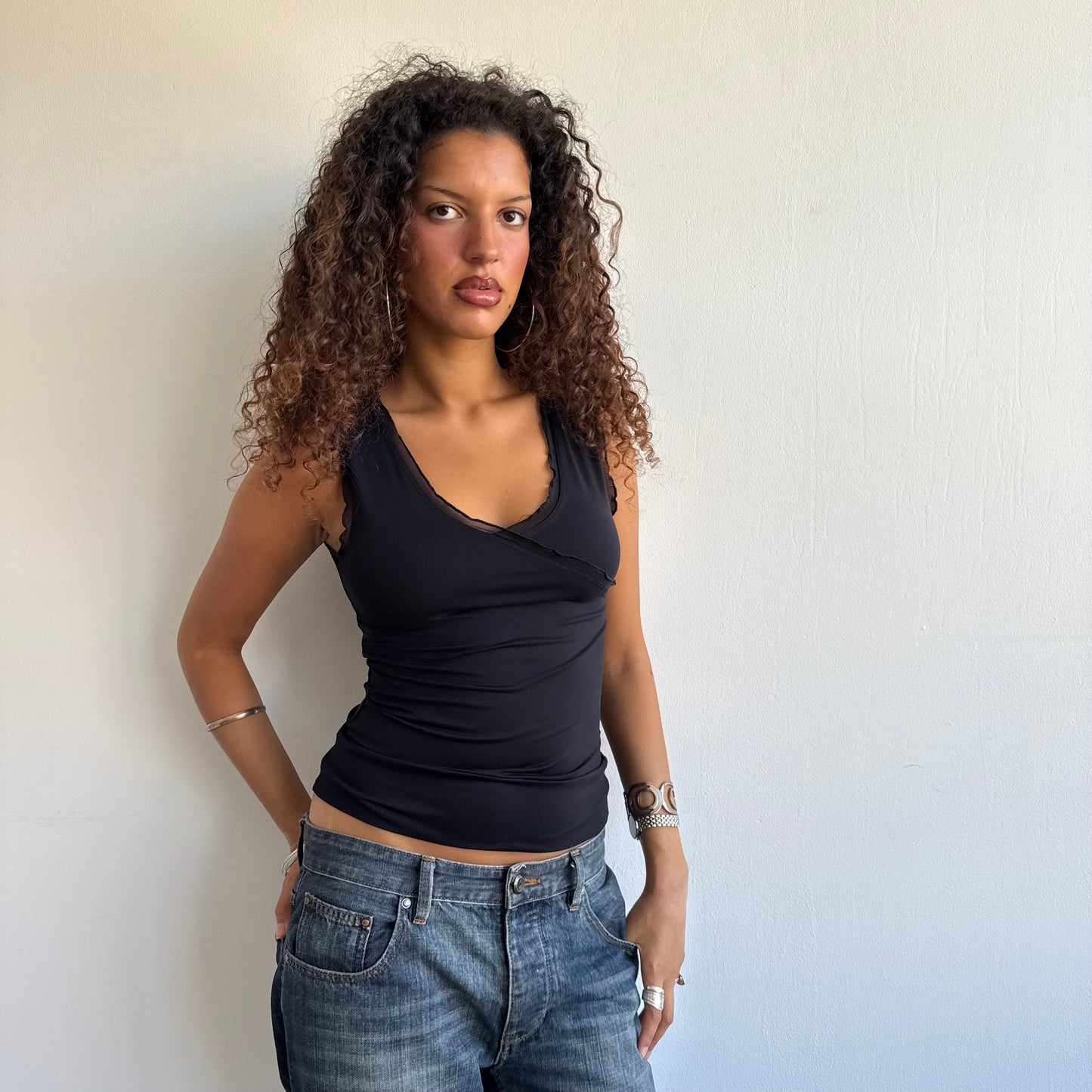 Black wrap ruffle top - Size S + M