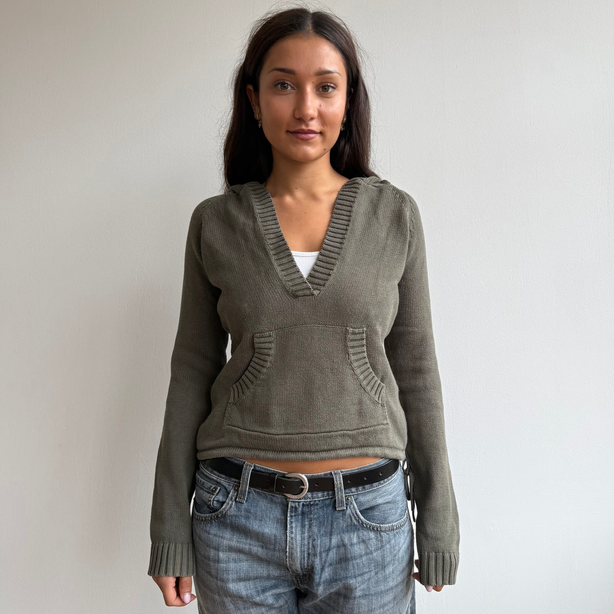 Khaki v-neck knit hoodie - Size S-M