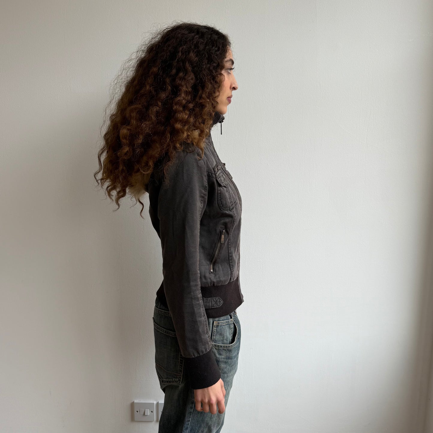 Brown fur hood cargo bomber - Size S