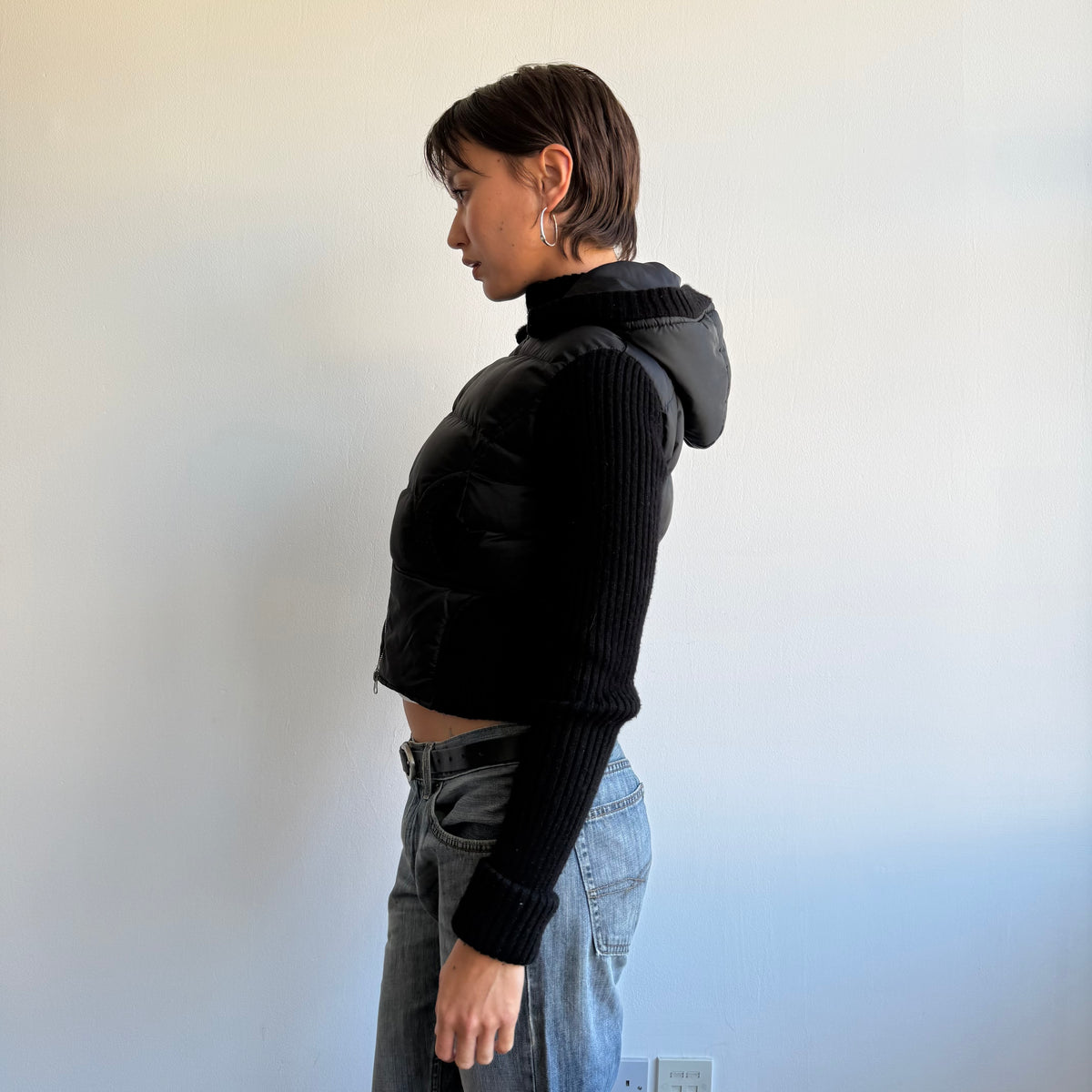 Black bi-material puffer coat - Size S