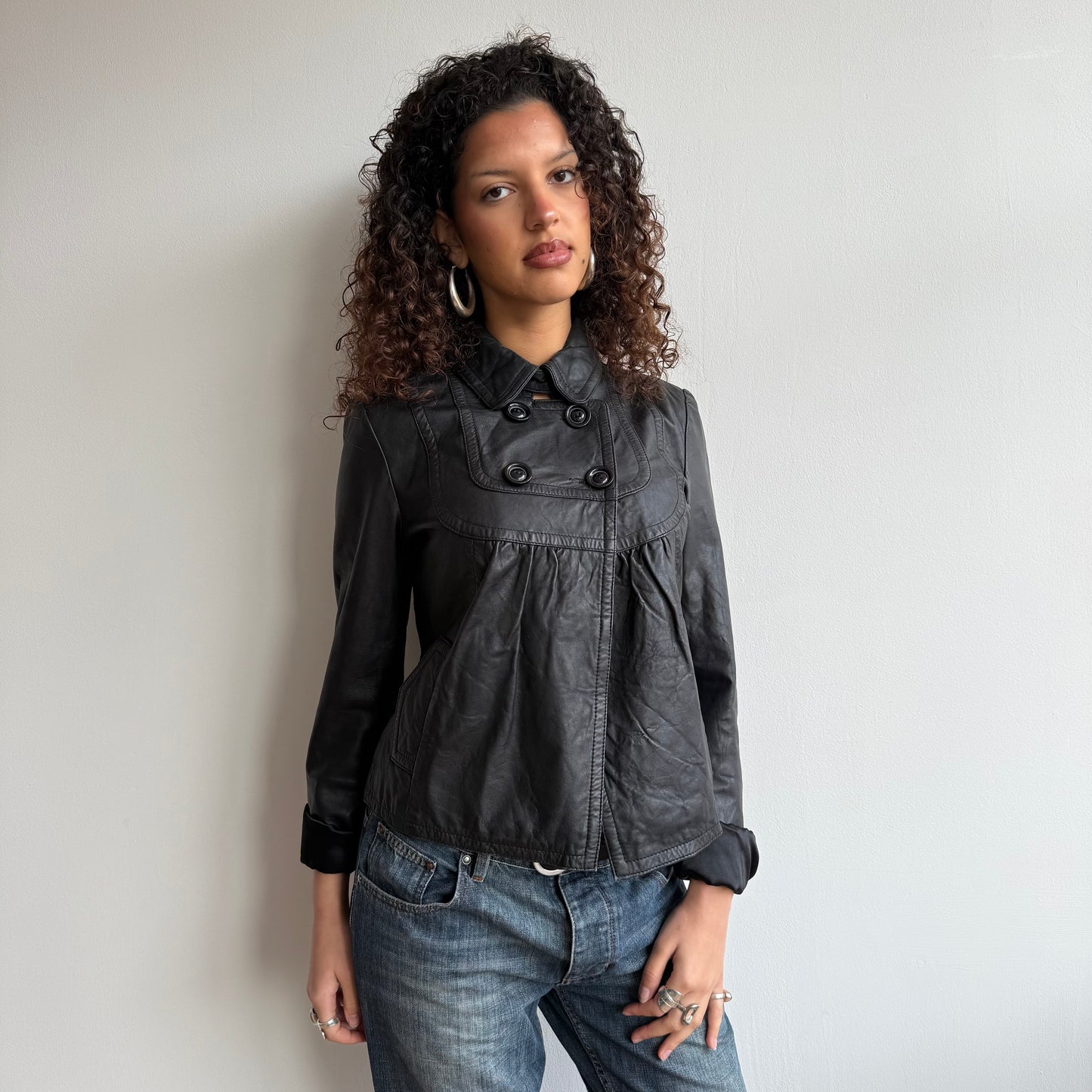 Black leather peacoat - Size M