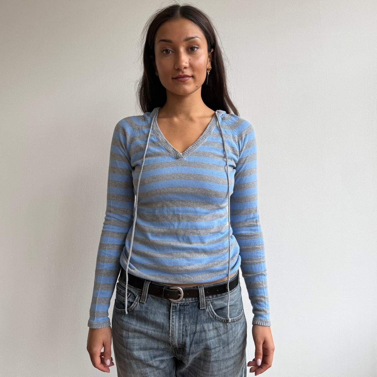 Grey + blue striped knit hoodie - Size S