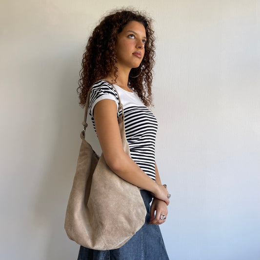 Beige suede hobo bag