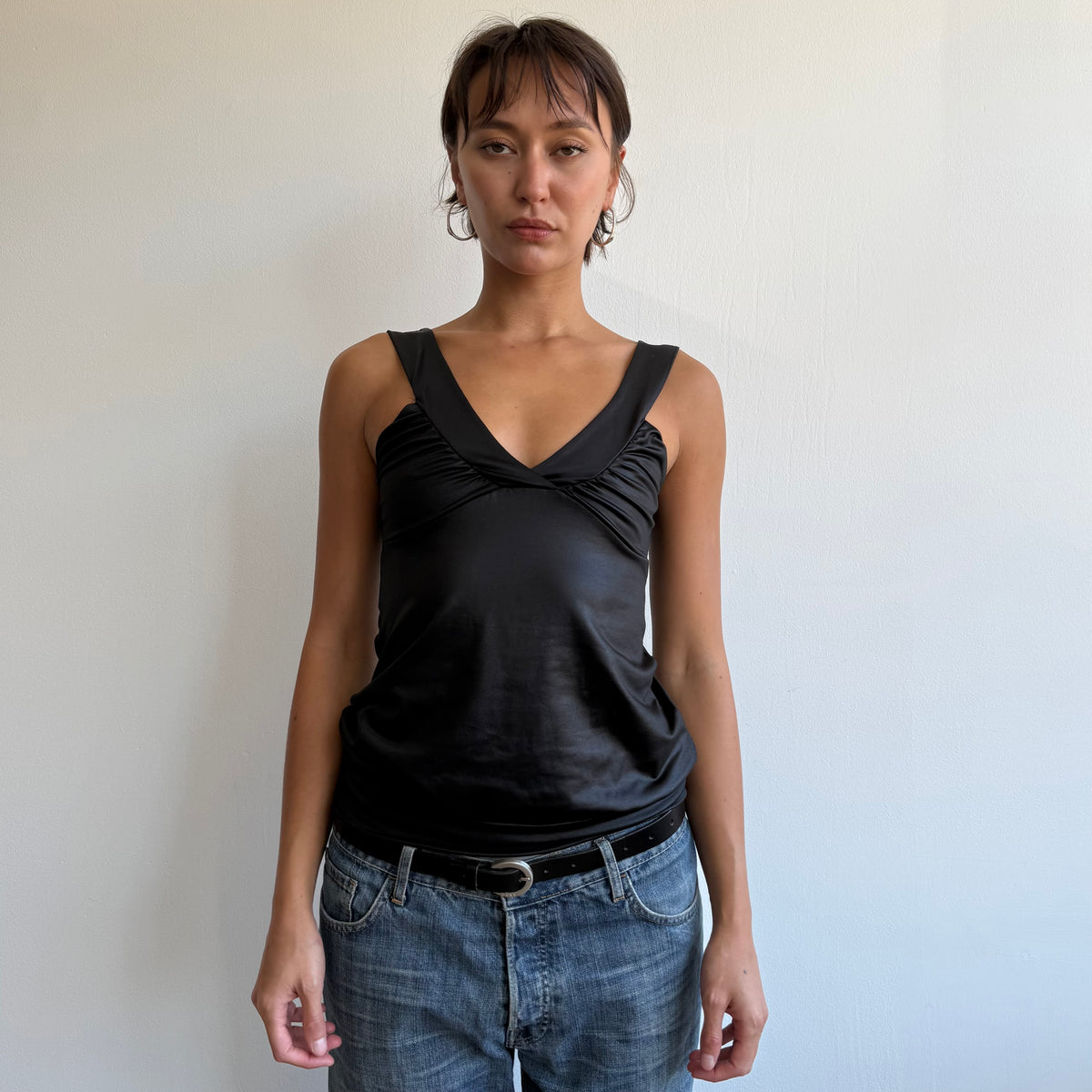 Black wet look cinched top - Size S