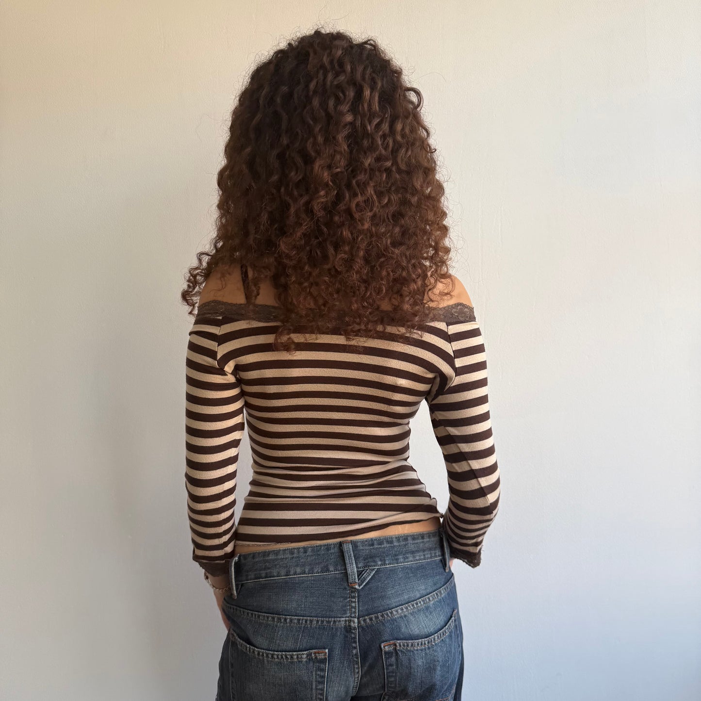 Beige striped Bardot top - Size S