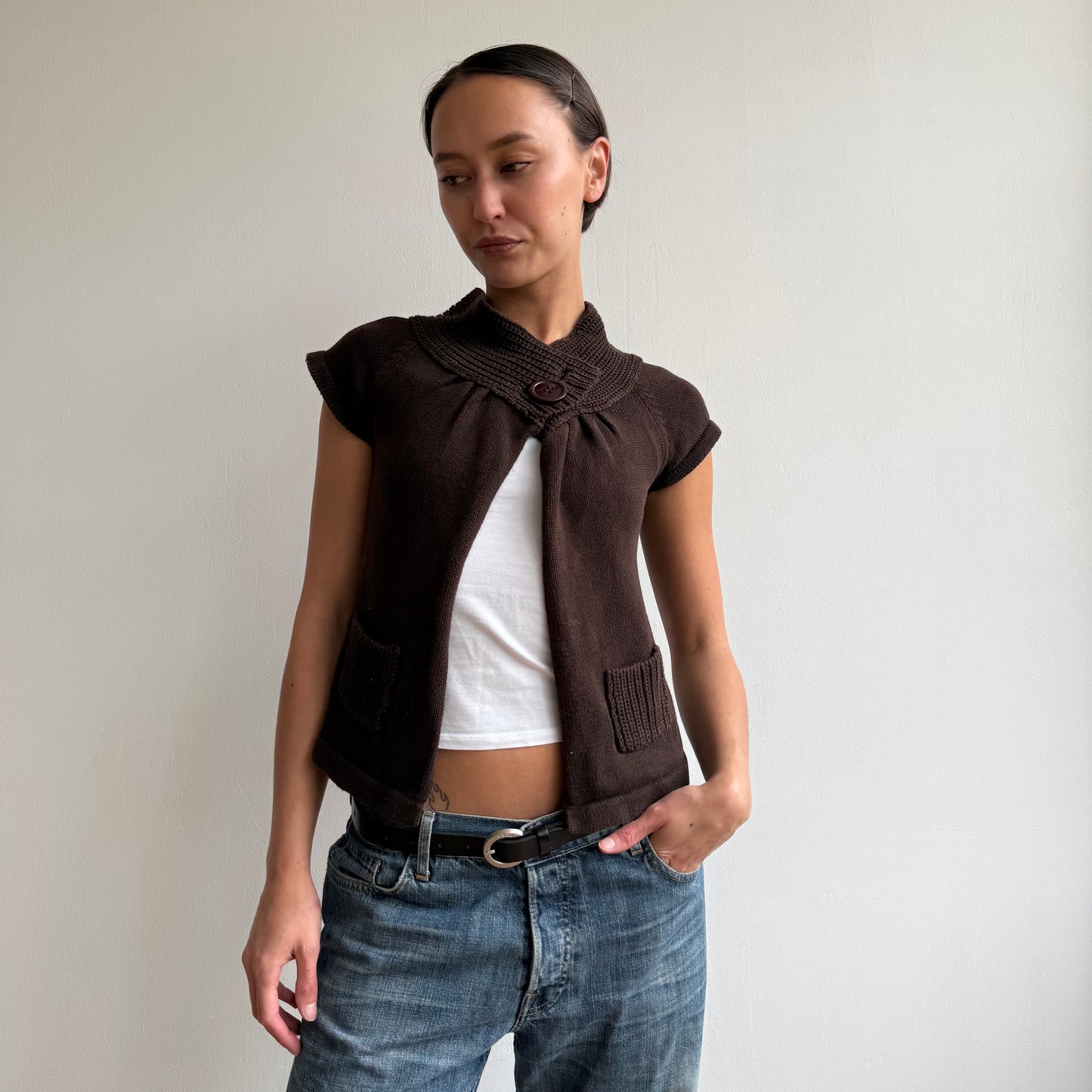 Brown button open front knit - Size S