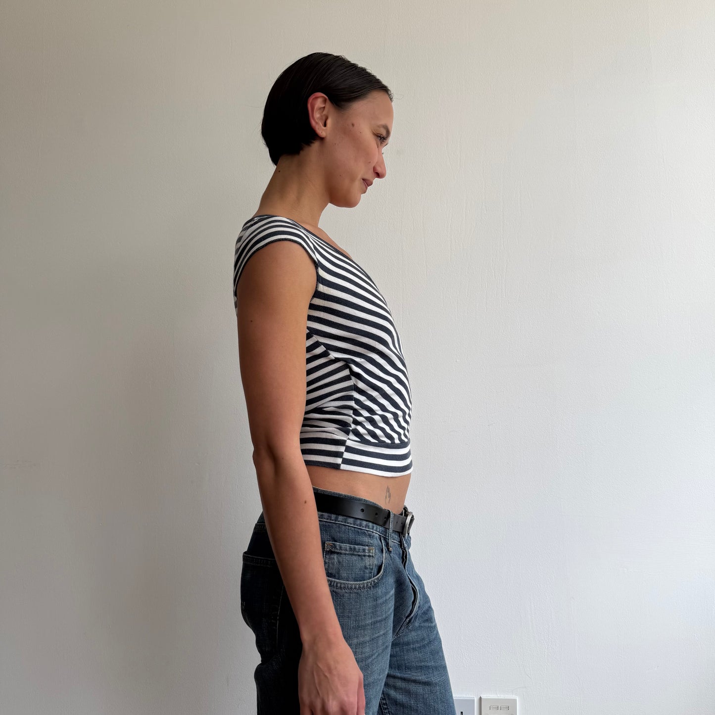 Navy + white stripe wrap top - Size S