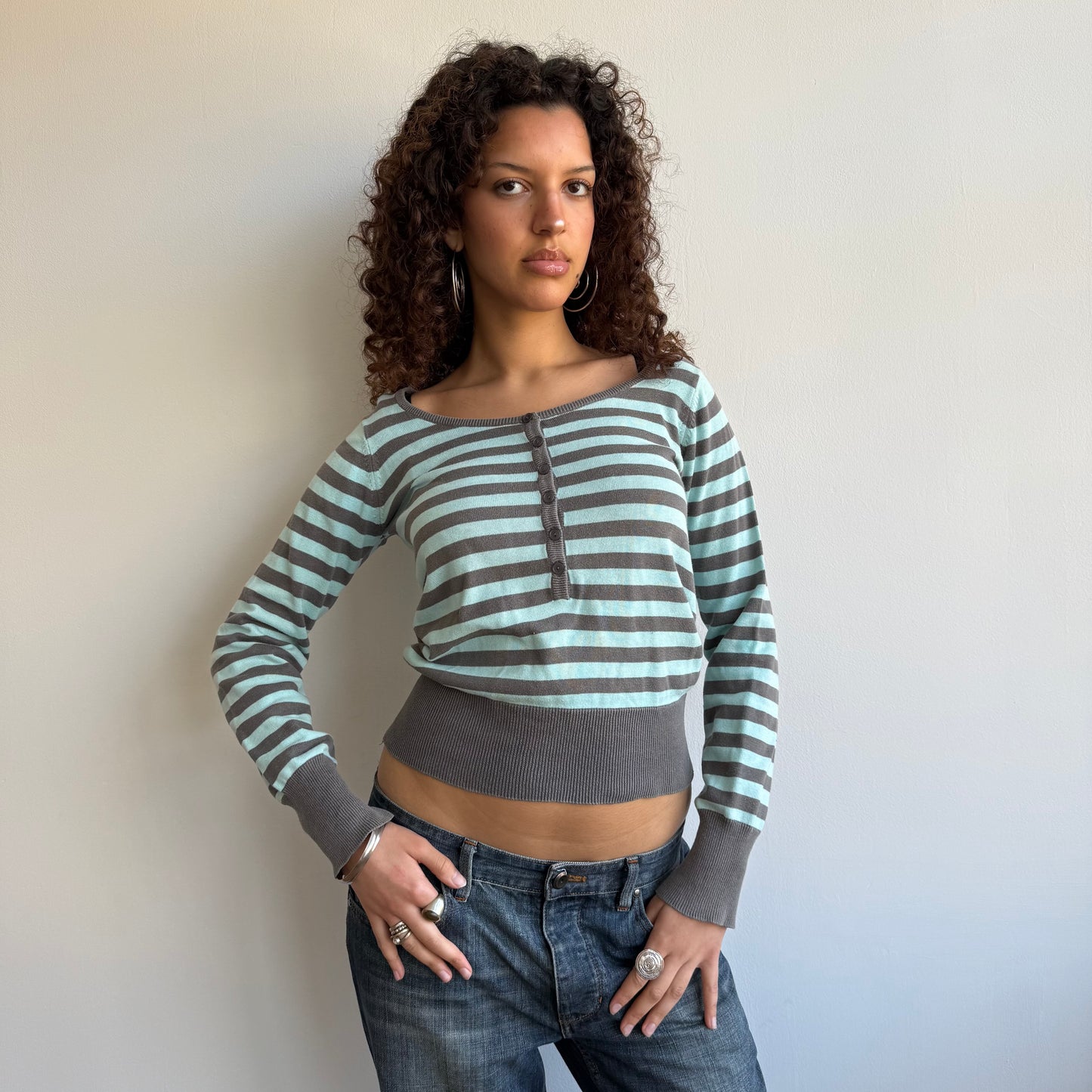 Turquoise + grey striped knit- Size S
