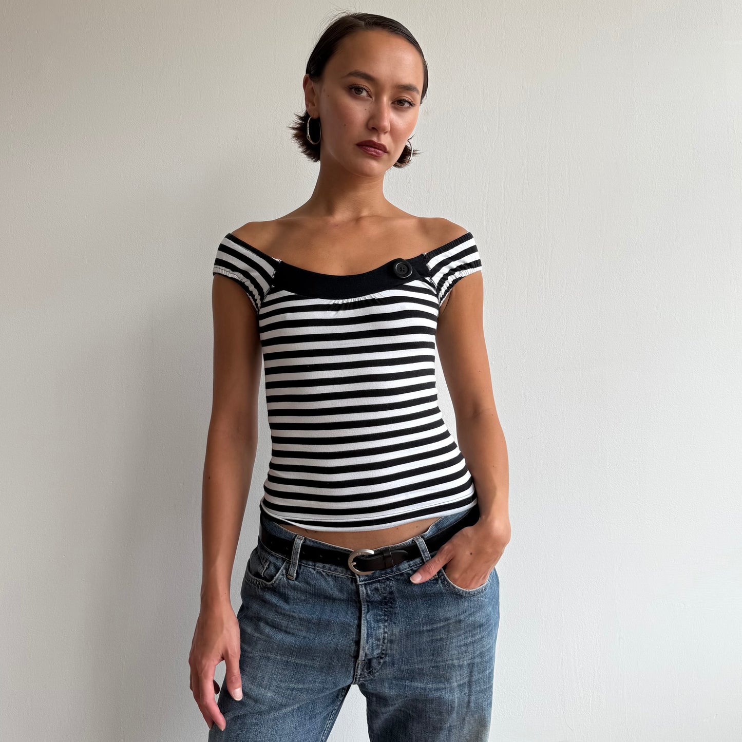 Black + white stripe button top - Size XXS/XS