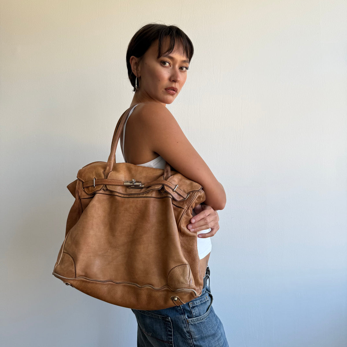 Peach leather firkin bag - One Size