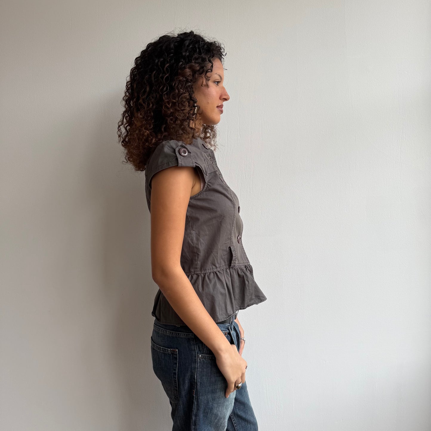 Khaki grey short sleeve jacket - Size S, M + L