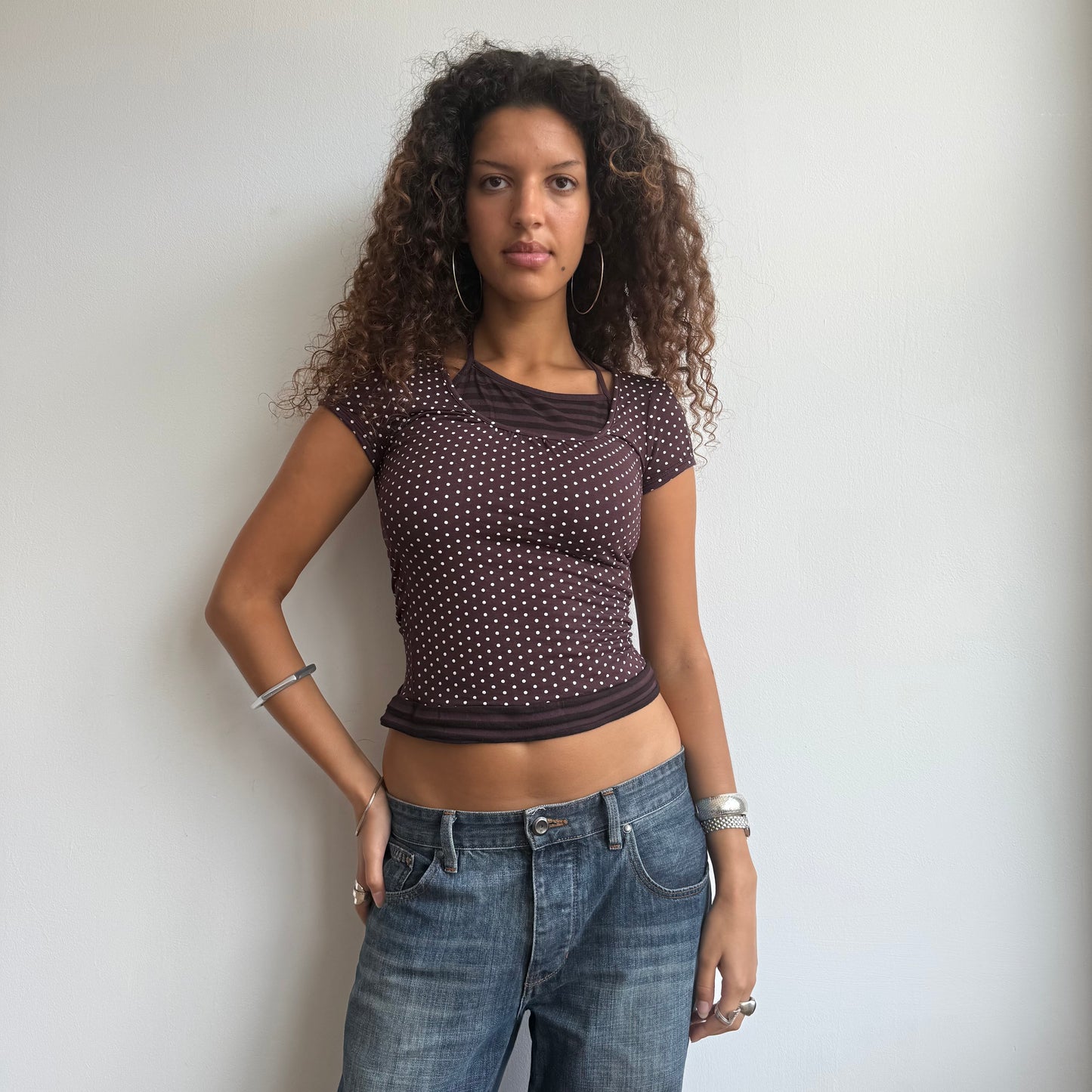 Brown polka dot striped halter top - Size S