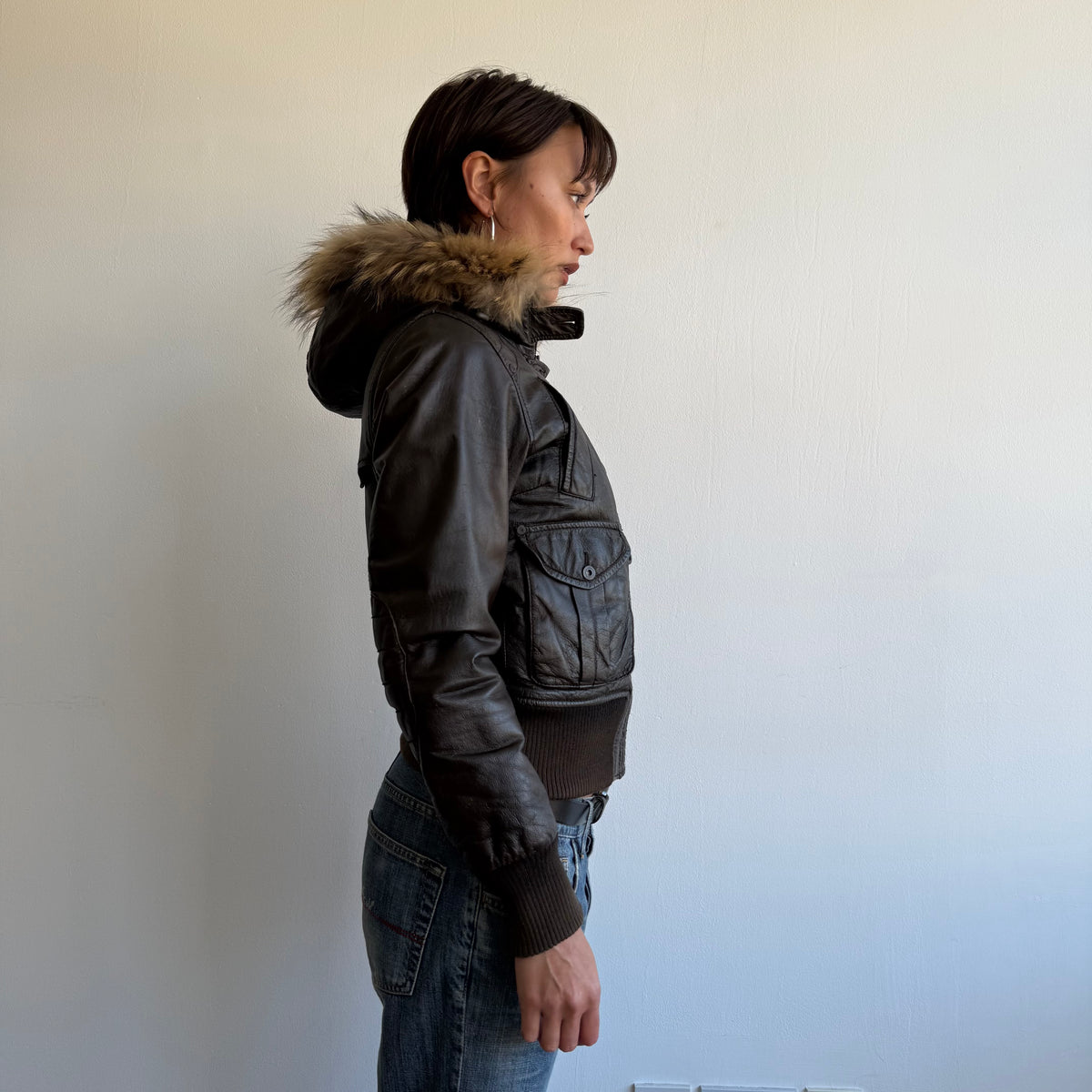 Brown leather fur hood bomber - Size S/M