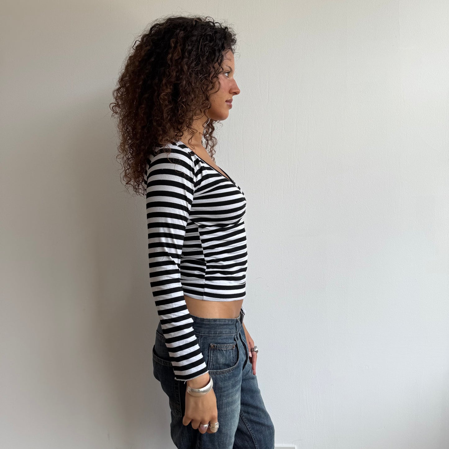 Black striped long sleeve wrap top - Size M