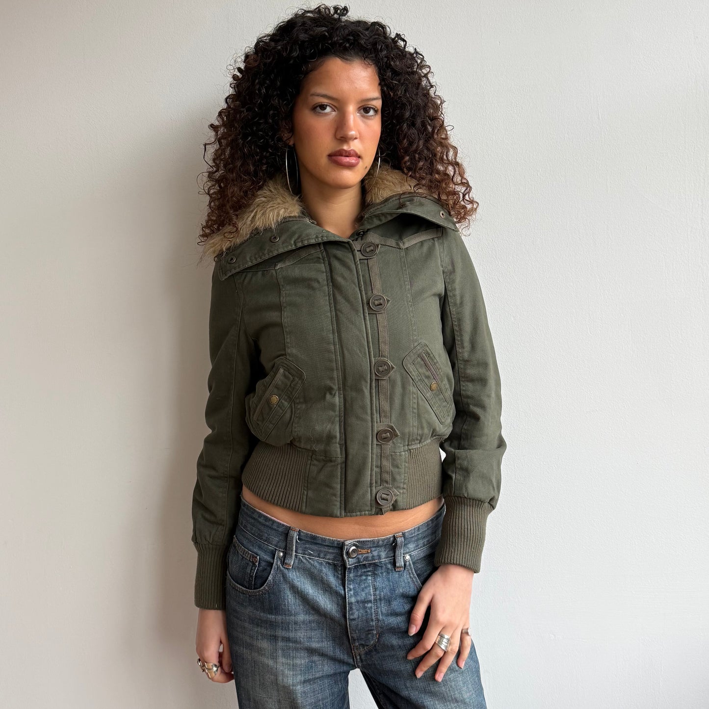 Khaki fur collar bomber - Size M