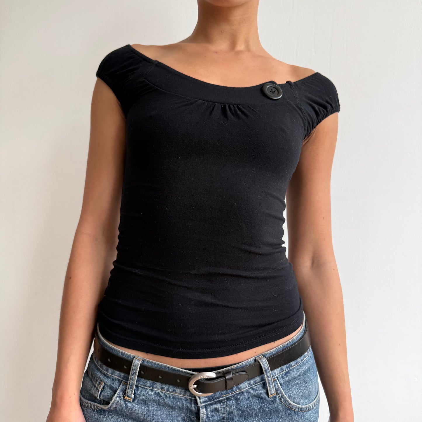 Black button bardot top - Size XS + S