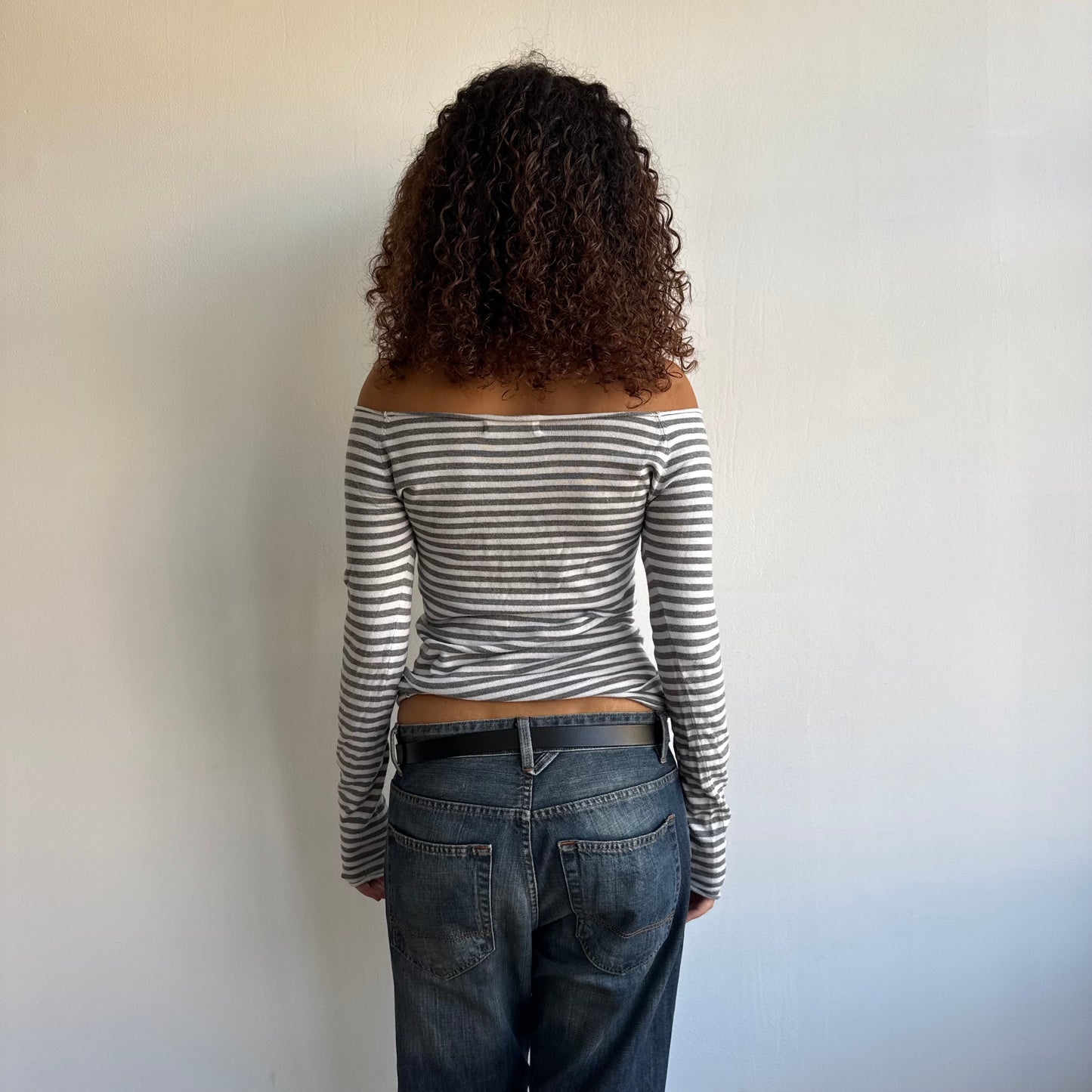 Grey + white striped Bardot top - Size S/M