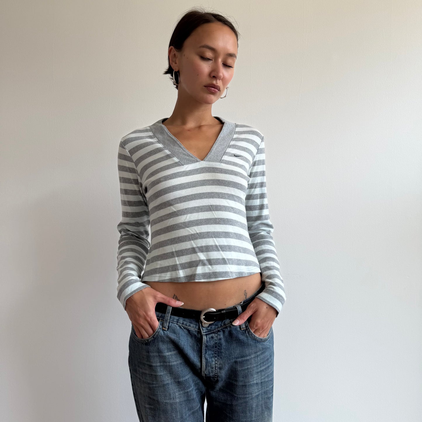 Grey Nike stripe v-neck top - Size S