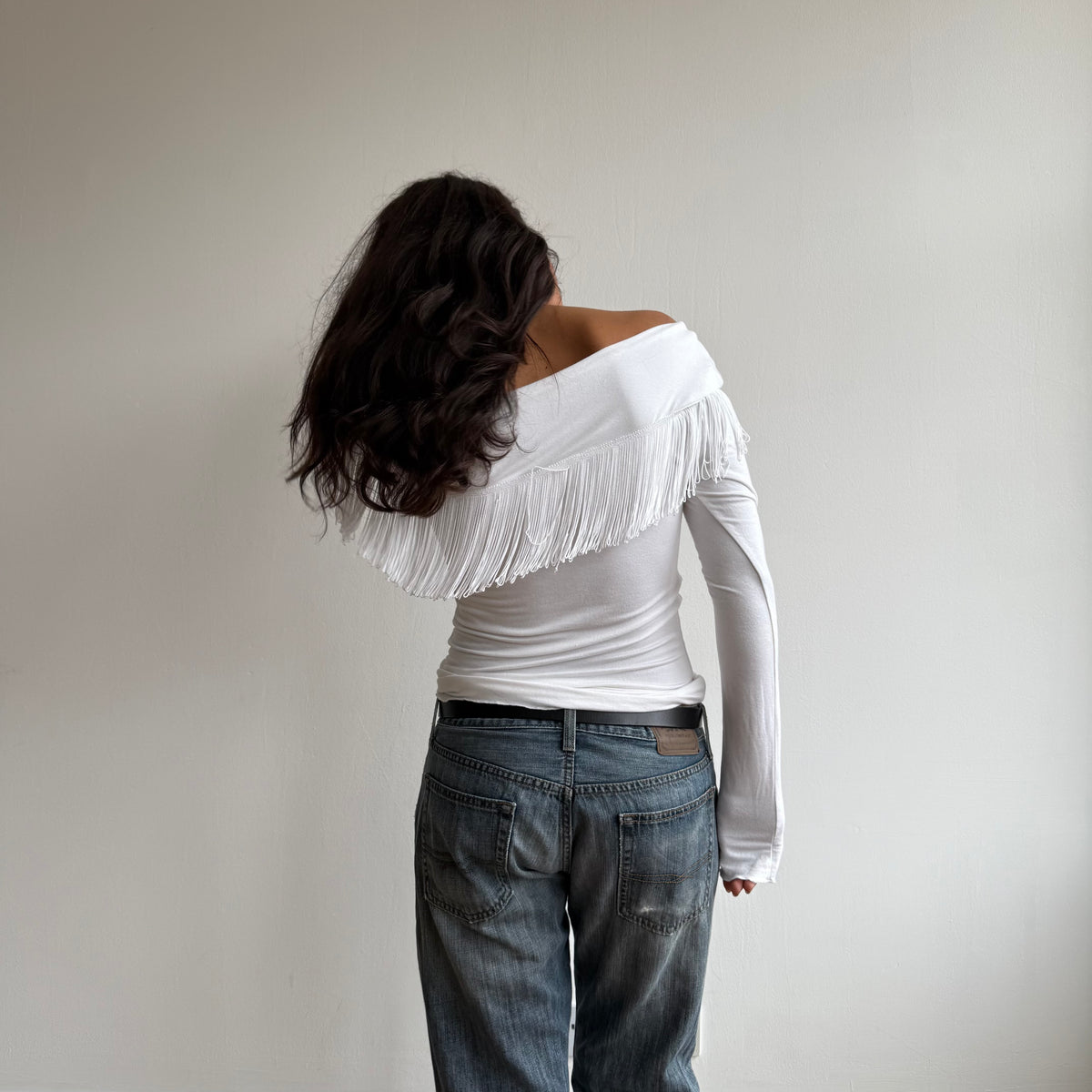 White fringe Bardot top - Size S-M