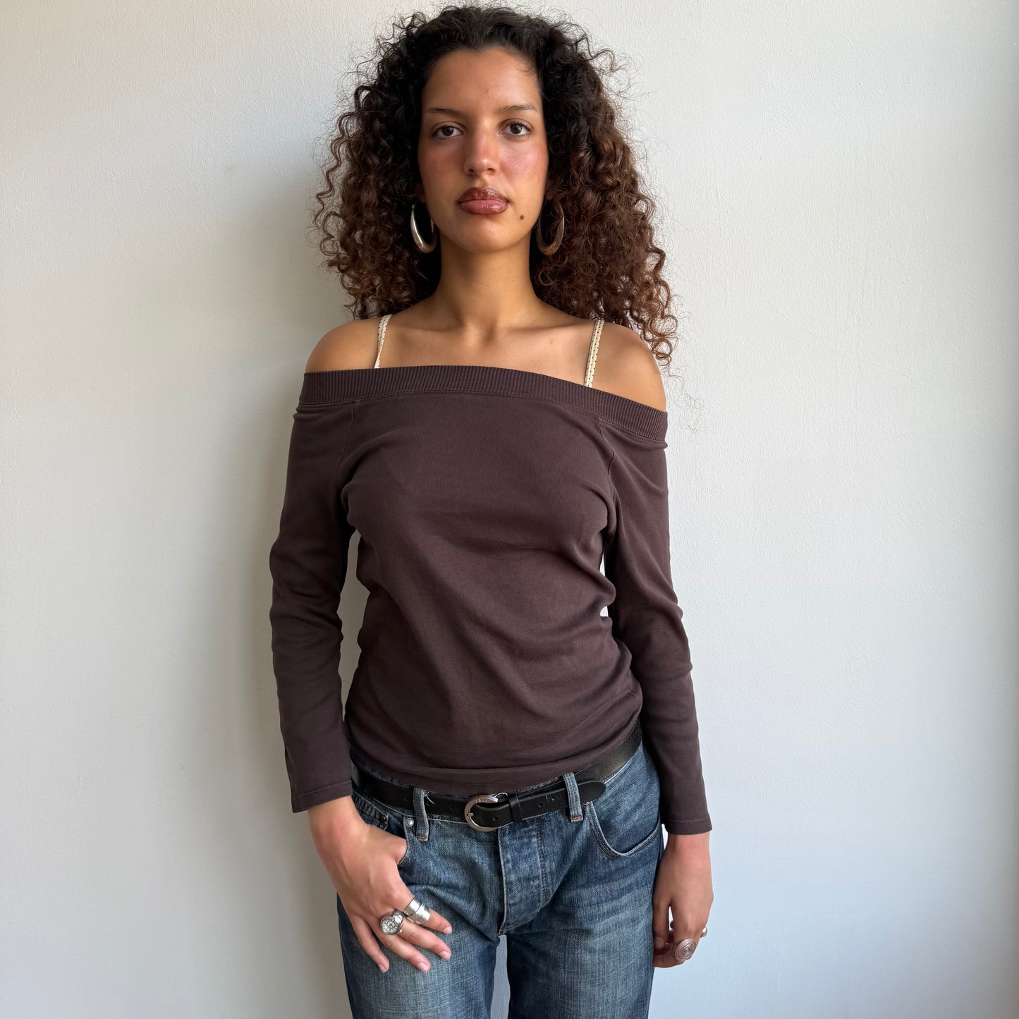 Brown bardot 3/4 sleeve top - Size S