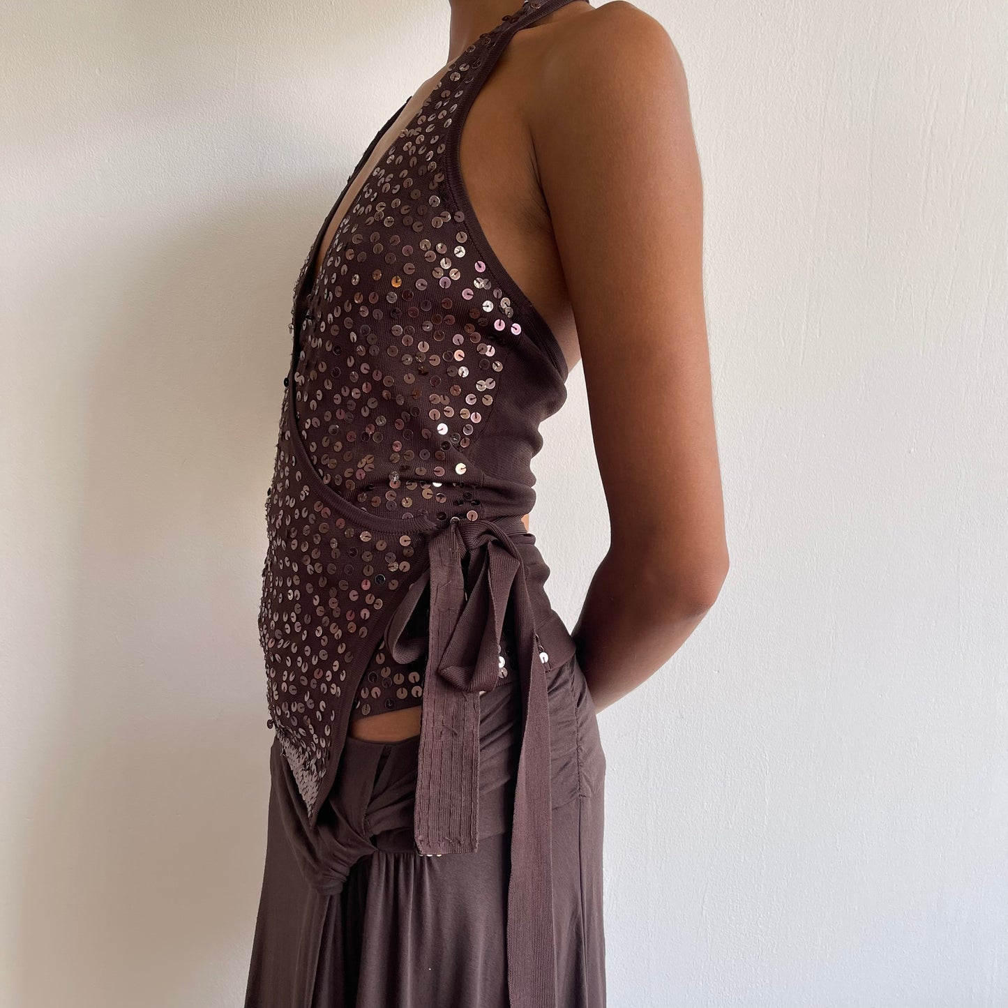 Brown sequin knit halter neck - Size S