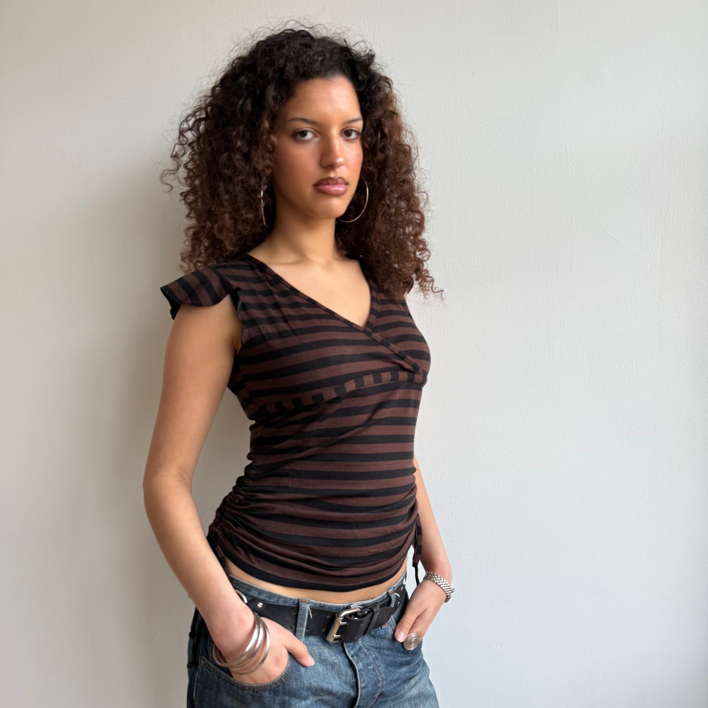 Brown striped ruched top - Size L