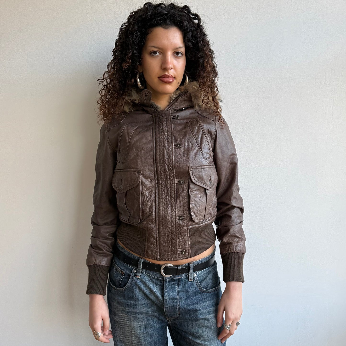 Brown leather fur hood bomber - Size M