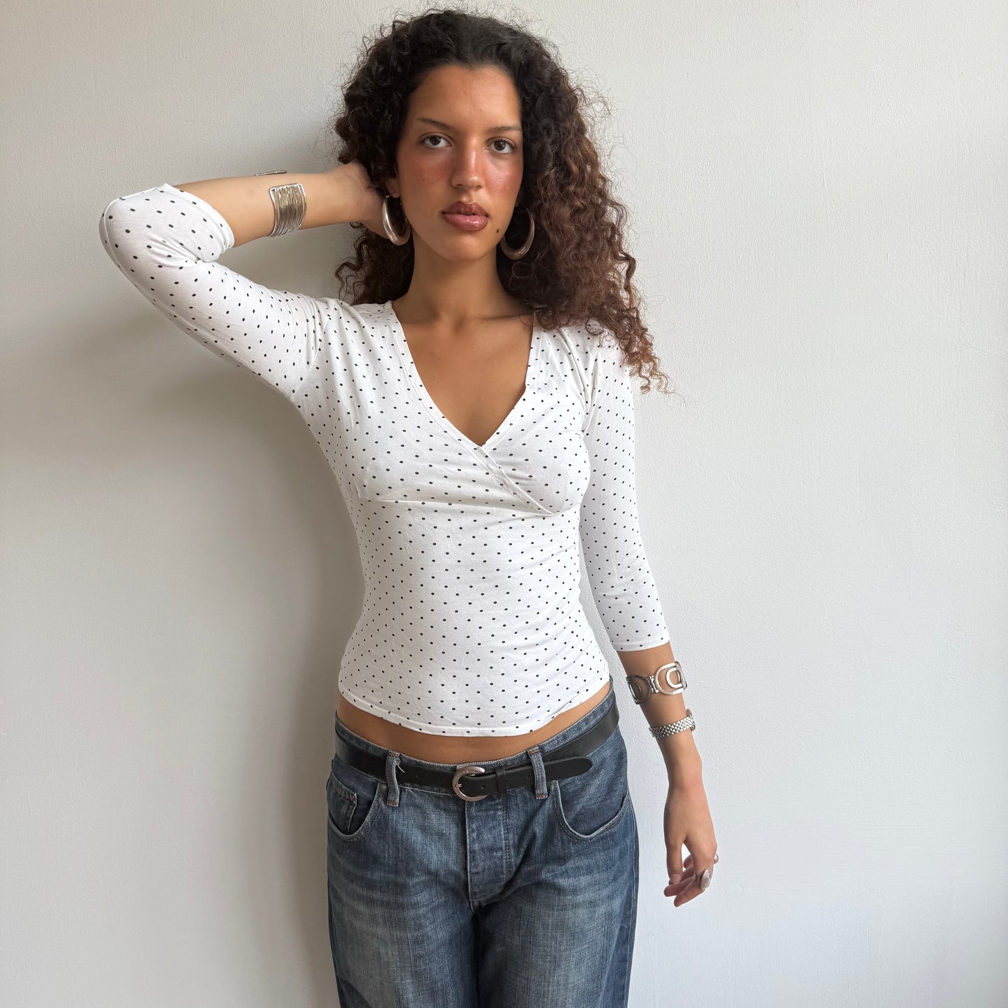 White micro polka dot wrap top - Size S