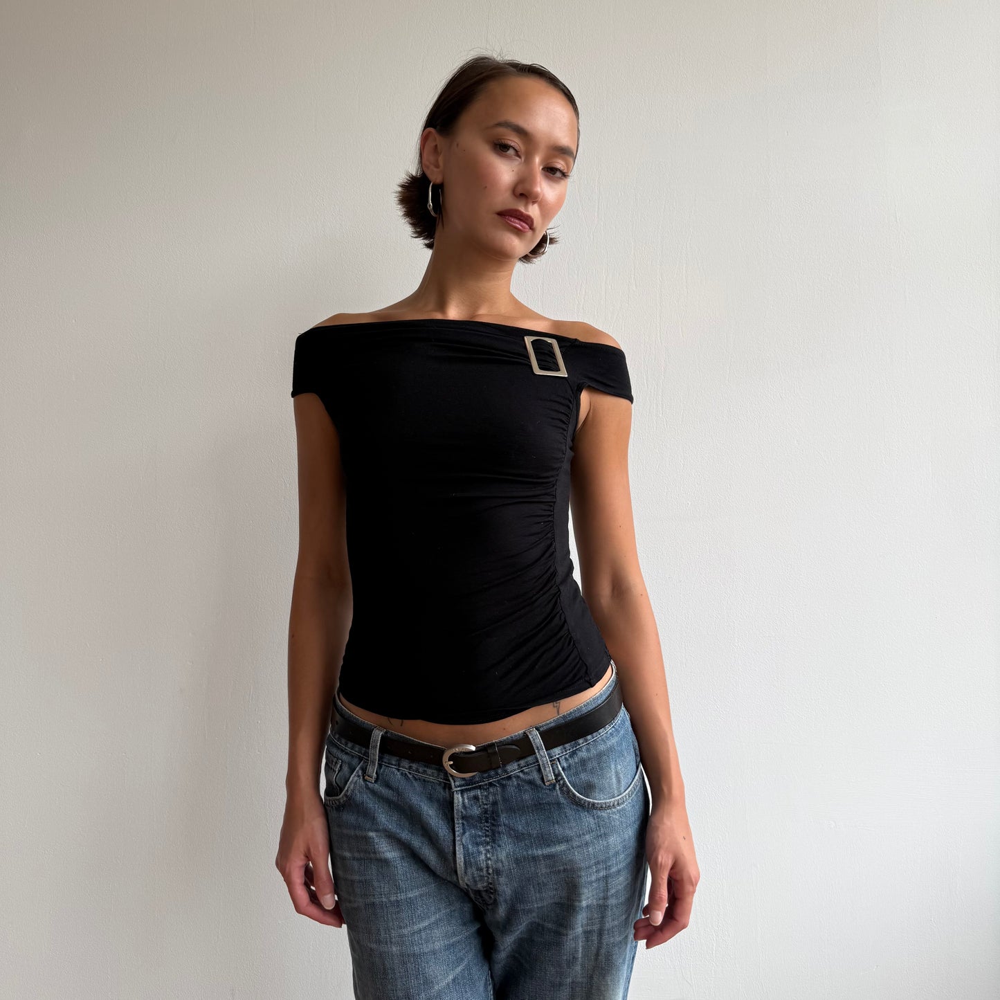 Black bardot buckle tee - Size S