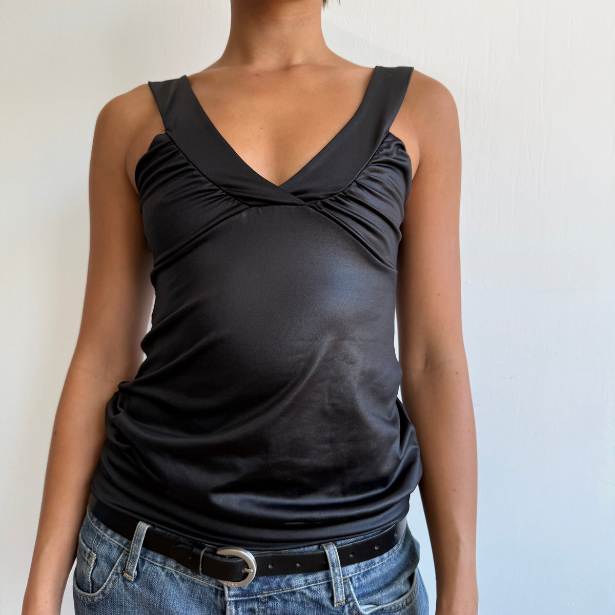 Black wet look cinched top - Size S