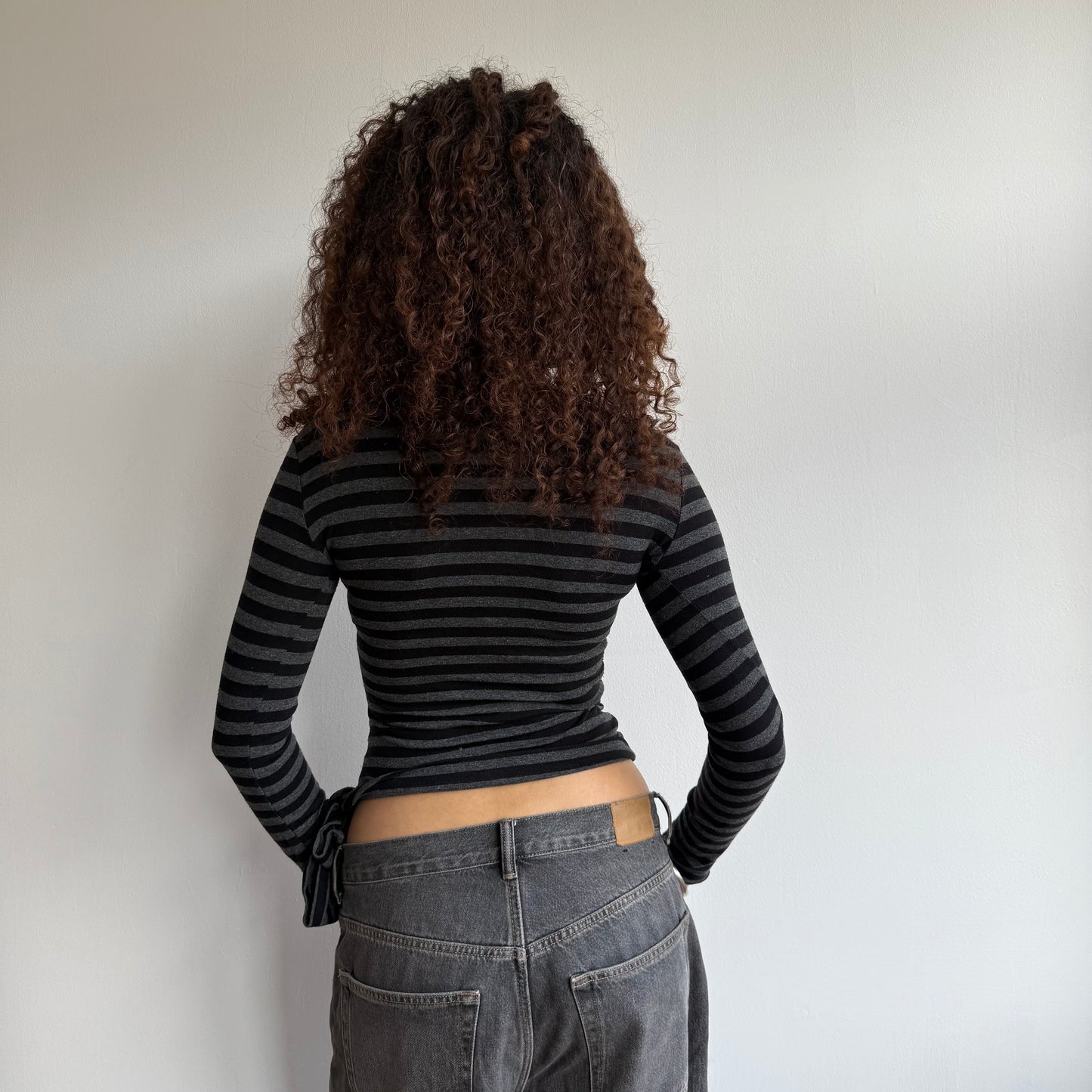 Grey + black striped wrap top - Size S