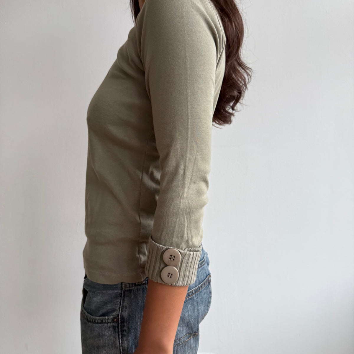Khaki 3/4 sleeve button top - Size M