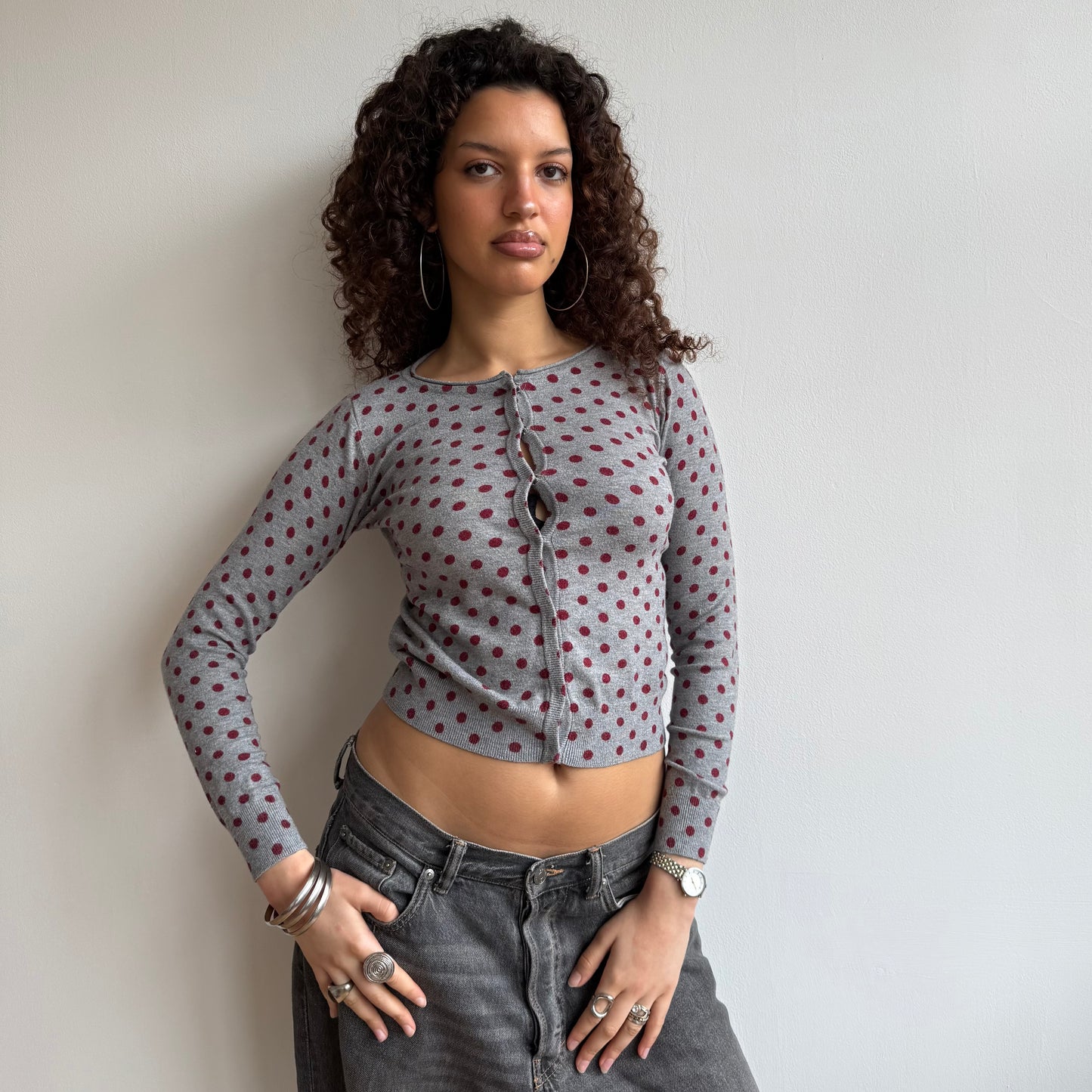 Burgundy polka dot cardi - Size S