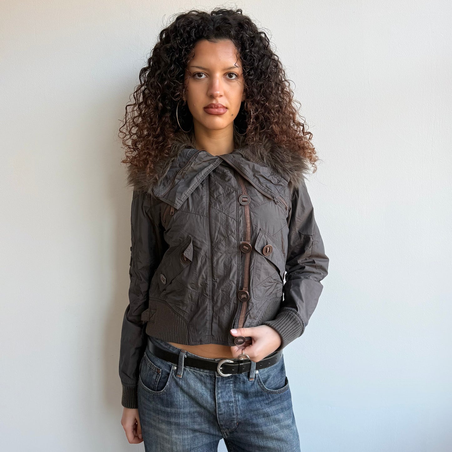 Brown fur collar bomber - Size M