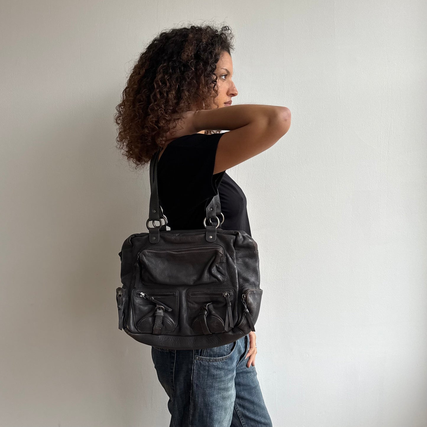 Grey leather buckle bag - One Size