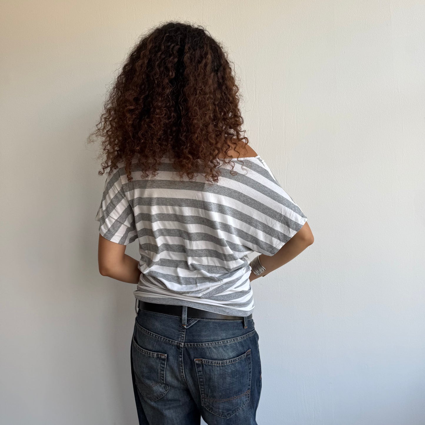 Grey + white striped 2in1 top - Size M